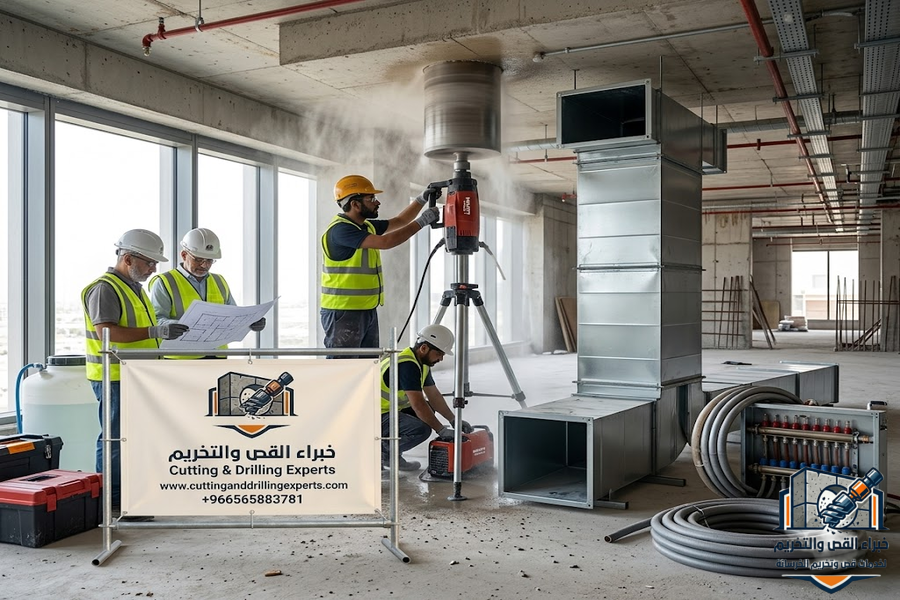 مقاول فتح كور مكيفات بجدة باستخدام أحدث أجهزة الكور الماسي لتنفيذ فتحات المكيفات السبليت والدكت والتكييف المركزي بدقة عالية وبدون تكسير